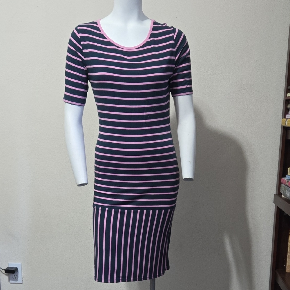 LuLaRoe Pink And Green Striped Midi Julia  Dress Sz M